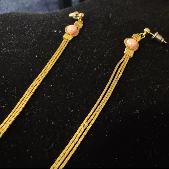 Vintage Gold and Pink Pearl Bead Long Dangle Earrings - Picture 10 of 13